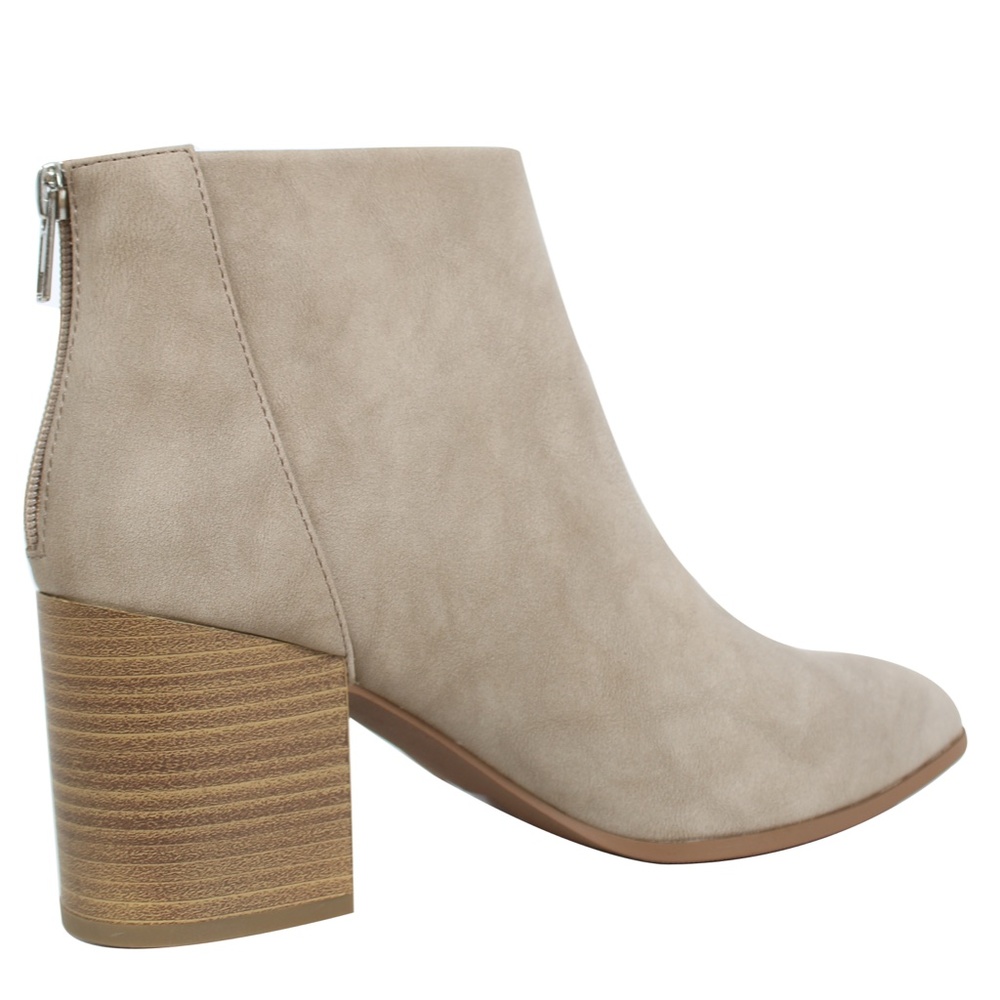 Taupe Faux Nubuck Leather Stacked Block Heel Booti - Picture 4 of 8